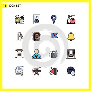 16 Universal Flat Color Filled Lines Set for Web and Mobile Applications play, bawling, speaker, ball, map