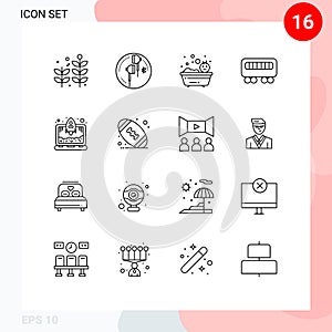 16 Universal Outline Signs Symbols of start up, laptop, baby, train, passenger