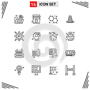 16 Universal Outline Signs Symbols of warning, roadblock, breakfast, road, cone