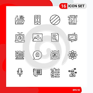 16 Universal Outlines Set for Web and Mobile Applications seo, laptop, lover, data, milk