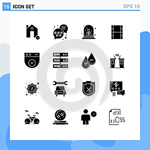 16 Universal Solid Glyphs Set for Web and Mobile Applications backup, protect, experimental growth, cam, movi