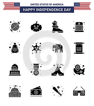 16 USA Solid Glyph Signs Independence Day Celebration Symbols of bag; dollar; shose; hat; entertainment