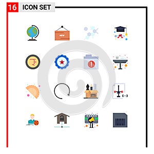 16 User Interface Flat Color Pack of modern Signs and Symbols of rupee, coin, promotion, graduation cap, degree