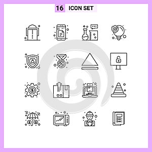 16 User Interface Outline Pack of modern Signs and Symbols of encryption, solution, chemistry lab, seo solution, idea