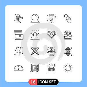 16 User Interface Outline Pack of modern Signs and Symbols of pay, card, check, reload, finger