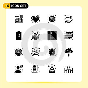 16 User Interface Solid Glyph Pack of modern Signs and Symbols of charge, real estate, heart, key, productivity