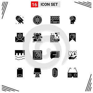 16 User Interface Solid Glyph Pack of modern Signs and Symbols of education, mind, clapboard, learning, brain