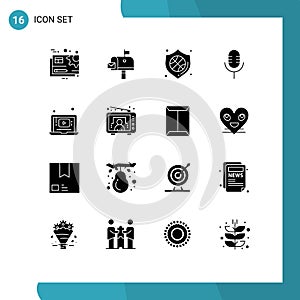 16 User Interface Solid Glyph Pack of modern Signs and Symbols of laptop, sound, postoffice, microphone, badge