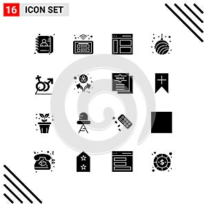 16 User Interface Solid Glyph Pack of modern Signs and Symbols of new, garland, wifi, ball, sidebar