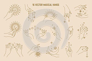 16 vector magical hands set of logo template. Linear style, minimal design. Planets, moon phases, sun and stars