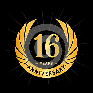 16 years anniversary design template. Elegant anniversary logo design. Sixteen years logo.