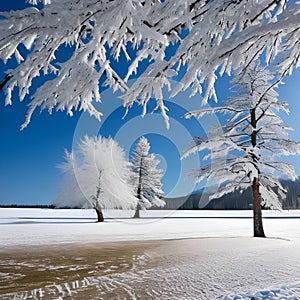 1602 Winter Snowy Landscape: A serene and wintery background featuring a snowy landscape with snow-covered trees, a frozen lake,