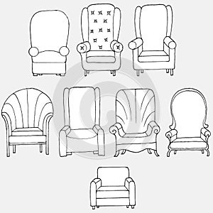 1608 armchair, vector illustration, set of images, black and white pattern, soft chairs