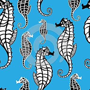 1616 sea Horse, seamless pattern with a blue background, the image of black and white seahorse