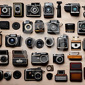 1658 Vintage Camera Collection: A retro and photography-themed background featuring a collection of vintage cameras, lenses, and