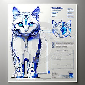 16K Technical Drawings of a Cybernetic Cat - Realistic Front and Side Views on Light White Background