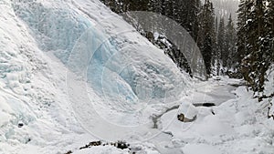 16x9 panorama photo of the frozen Upper Johnston Falls in the Johnston Canyon