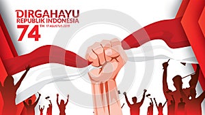 17 August. Indonesia Happy Independence Day greeting card with hands clenched, Spirit of freedom symbol. Use for banner, and