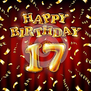 17 Happy Birthday message made of golden inflatable balloon seventeen letters isolated on red background fly on gold ribbons with