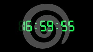 17 hour o`clock digital clock. Seconds count to seventeen. Numerical electronic green display screen