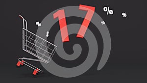 17 percent discount flying out of a shopping cart on a black background. Concept of discounts, black friday, online sales. 3d