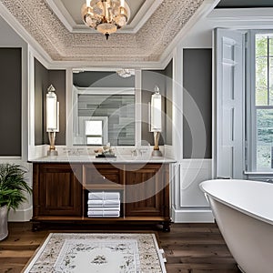 17 A traditional-style bathroom with a mix of white and wooden finishes, a classic clawfoot tub, and a large, framed mirror5, Ge