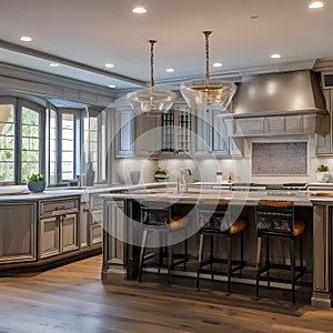 17 A traditional-style kitchen with a mix of wooden and marble finishes, a classic range hood, and a mix of open and closed stor