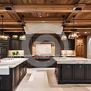 17 A traditional-style kitchen with a mix of wooden and marble finishes, a classic range hood, and a mix of open and closed stor