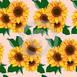 1739 sunflower, seamless pattern, sunflower and leaves in bright colors, ornament for wallpaper