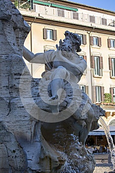 17th century Fountain of the Four Rivers located in Piazza Navona, Rome, Italy