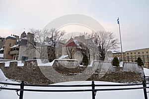 17th Century Royal Battery and cannons in the Petit-Champlain sector of Old Quebec during an early winter morning