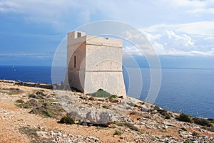 17th-century watchtower on the cliff top to the southeast of Mnajdra temple.