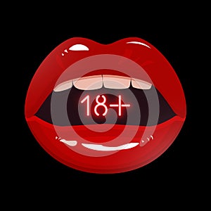 18+ adult sign in red lips shape, vector illustration