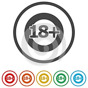 18+ age restriction sign, Vector eighteen icon, 6 Colors Included