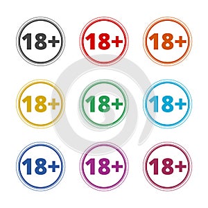 18+ age restriction sign, Vector eighteen icon, color icons set