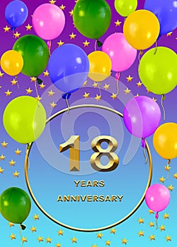 18 anniversary. golden numbers on a festive background. poster or card for anniversary celebration, party