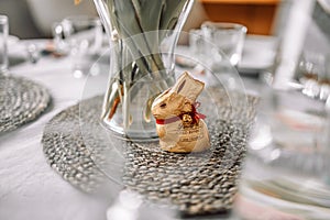 18 April 2022 Krakow, Poland: Happy Easter holiday. Golden chocolate Lindt Easter Rabbit on white table background