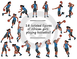 18 black girls playing women's basketball in blue jersey standing, running, jumping, throwing, shooting, passing the ball