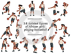 18 black girls women's basketball players in white jersey standing, running, jumping, throwing, shooting, passing the ball