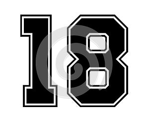 18 Classic Vintage Sport Jersey Number in black number on white background for american football, baseball or basketball