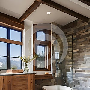 18 A cozy, rustic bathroom with a mix of natural stone and wooden finishes, a large clawfoot tub, and a mix of natural textures1