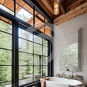 18 A cozy, rustic bathroom with a mix of natural stone and wooden finishes, a large clawfoot tub, and a mix of natural textures2