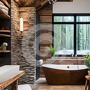 18 A cozy, rustic bathroom with a mix of natural stone and wooden finishes, a large clawfoot tub, and a mix of natural textures3