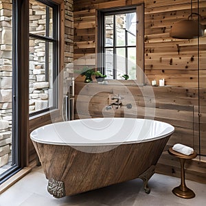 18 A cozy, rustic bathroom with a mix of natural stone and wooden finishes, a large clawfoot tub, and a mix of natural textures4