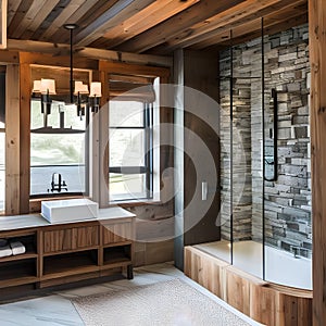 18 A cozy, rustic bathroom with a mix of natural stone and wooden finishes, a large clawfoot tub, and a mix of natural textures5