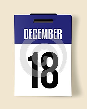 18 December Calendar Date, a Realistic calendar sheet hanging on a wall