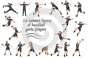 18 figures of girls playing handball in black uniforms training, standing, running, rushing, jumping, catching, throwing the ball