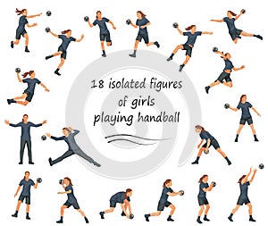 18 figures of girls playing handball in black uniforms training, standing, running, rushing, jumping, catching, throwing the ball