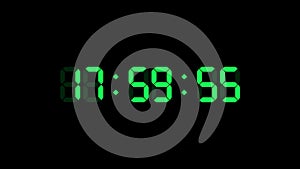 18 hour o`clock digital clock. Seconds count to eighteen. Numerical electronic green display screen