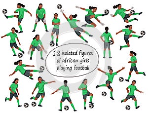 18 Nigerian girls isolated figures of women's football players in green shirts in motion